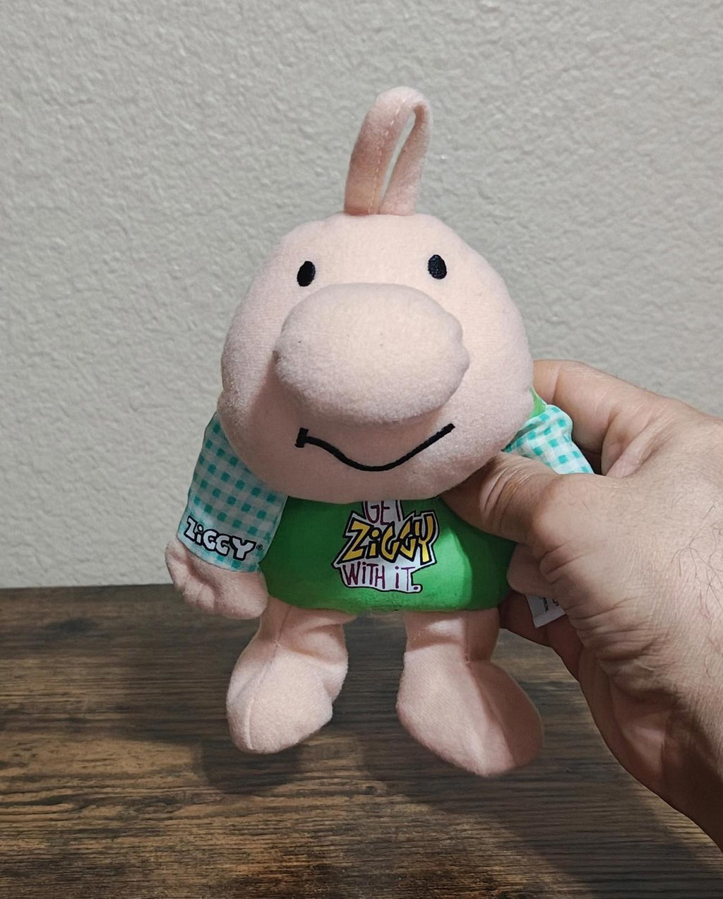 Green rabbit bean bag plush with smiling face and blue checkered sleeves