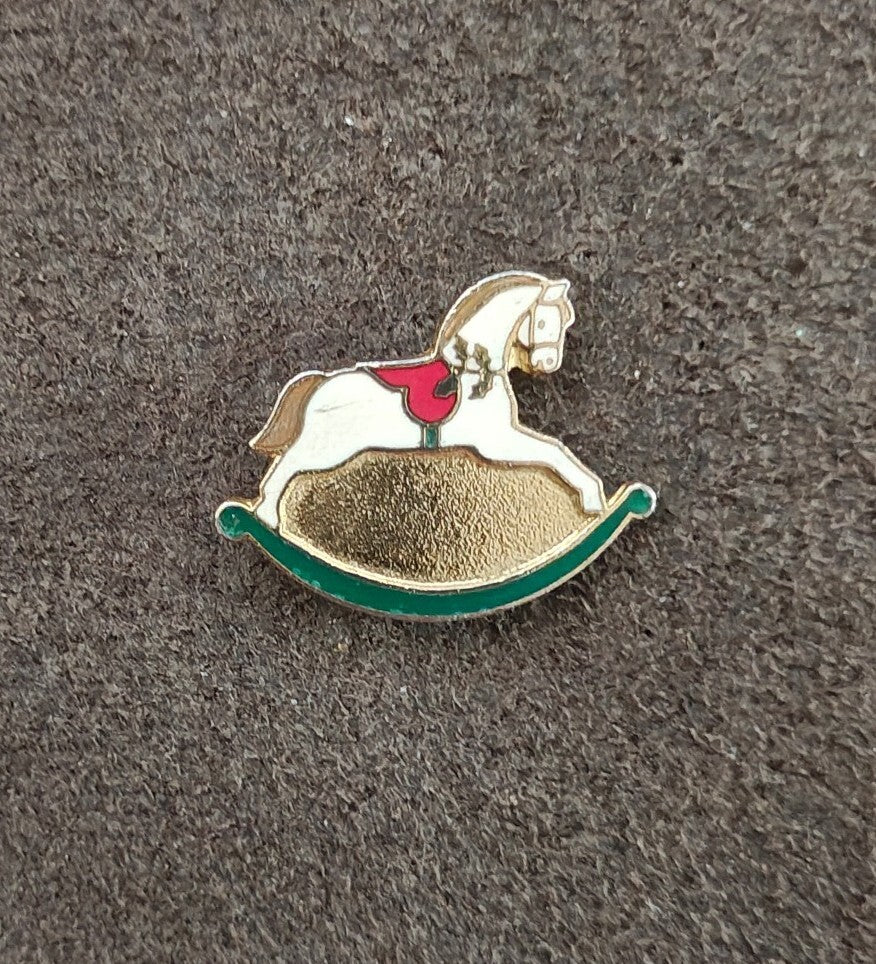 1989 Hallmark Rocking Horse Gold Tone With White, Red & Green Enamel Pin
