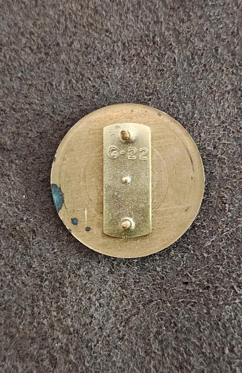 Gold brass pin back with “G-22” marking, safety clasp and hinge