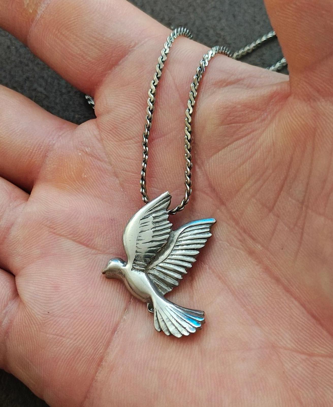 1980s Pewter Dove Pendant With Silver Tone Chain