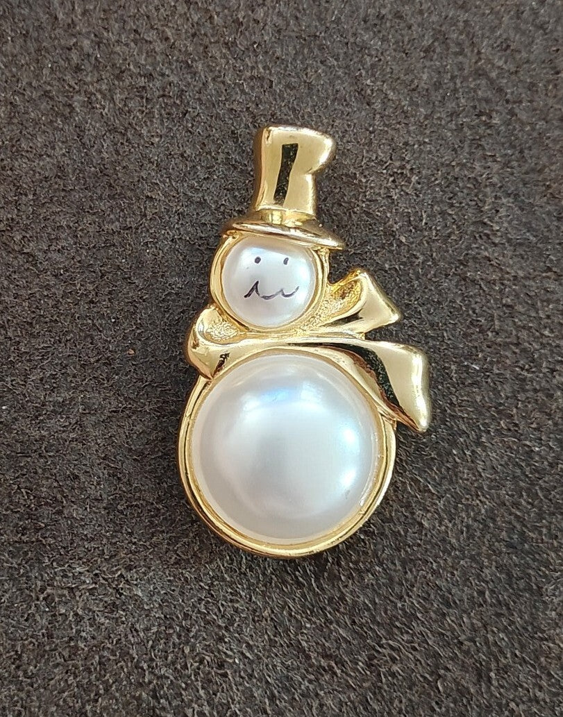1980s Gold Tone Faux Pearl Snowman Brooch