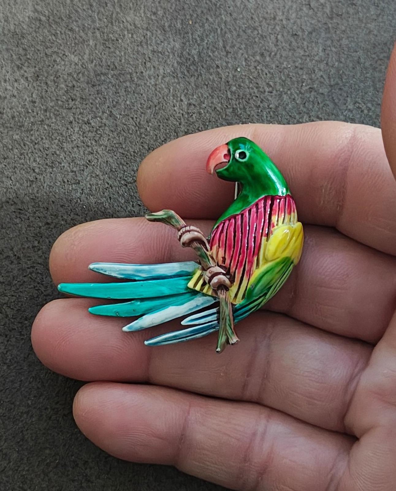 1980s Vintage Hand-Painted Enamel Parrot Sitting On Branch Silver Tone Brooch