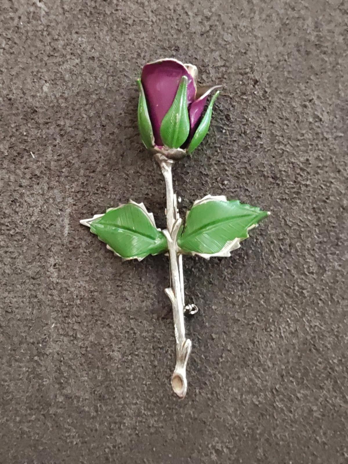 1970s Silver Tone Purple and Green Enamel Rose Brooch