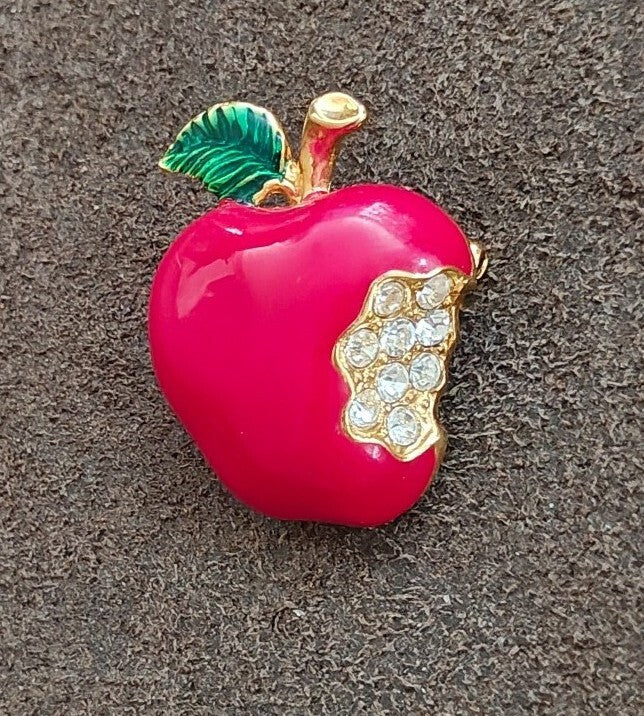 1990s Gold Tone Red & Green Enamel & Rhinestone Bitten Apple Brooch Pin