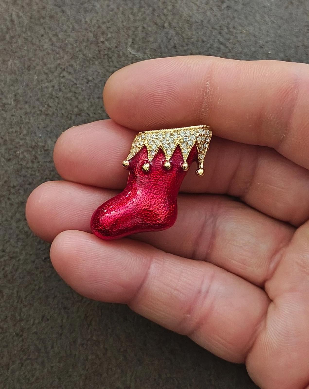 1990's Gold Tone Enamel With Crystal Rhinestones Santa Boot/Stocking Brooch