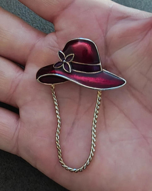1990s Gold Tone Red Enamel Red Hat Society Hat Pin Brooch