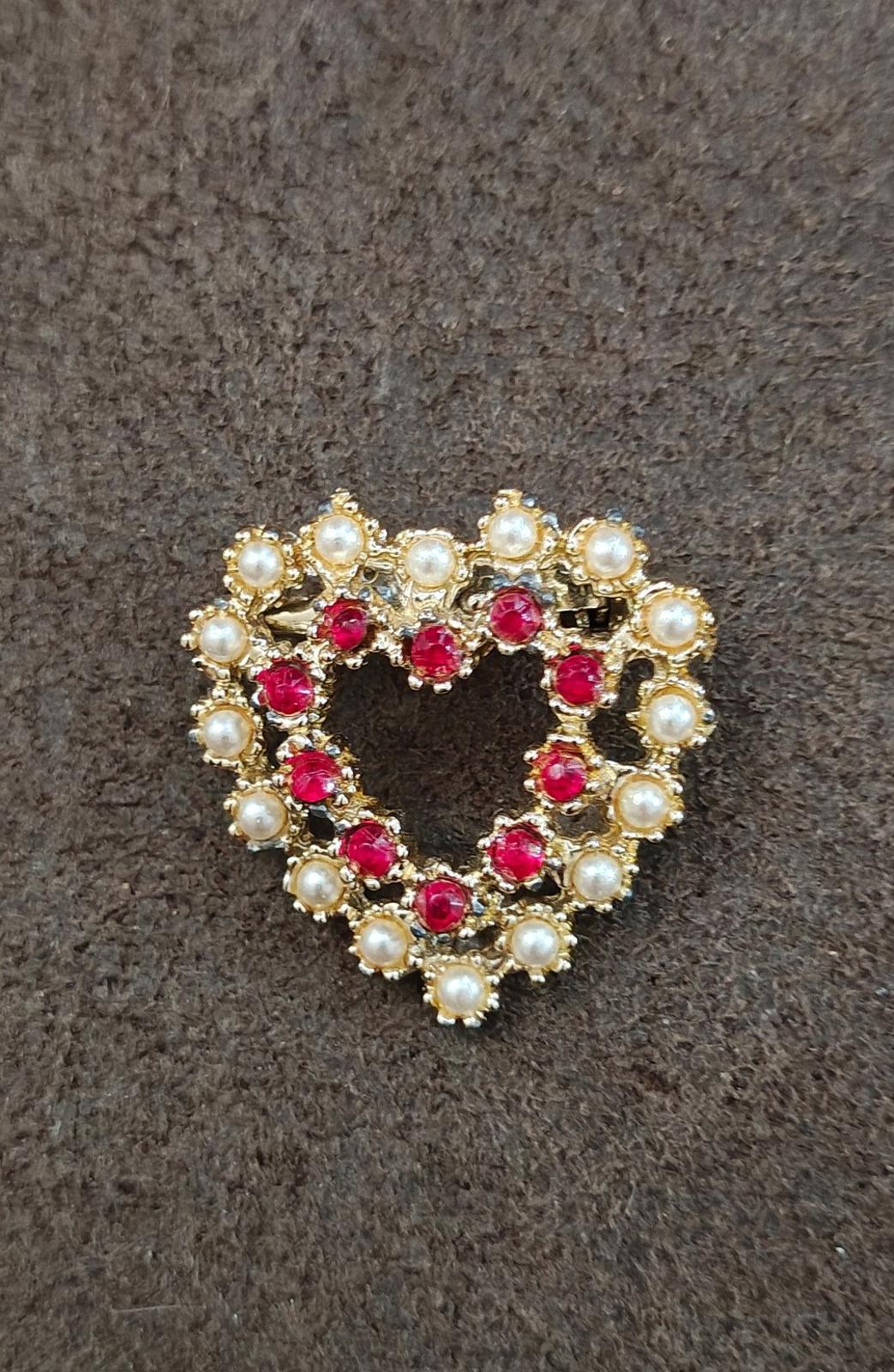 1980's Gold Tone Red Rhinestones and Faux Pearls Heart Brooch Pin