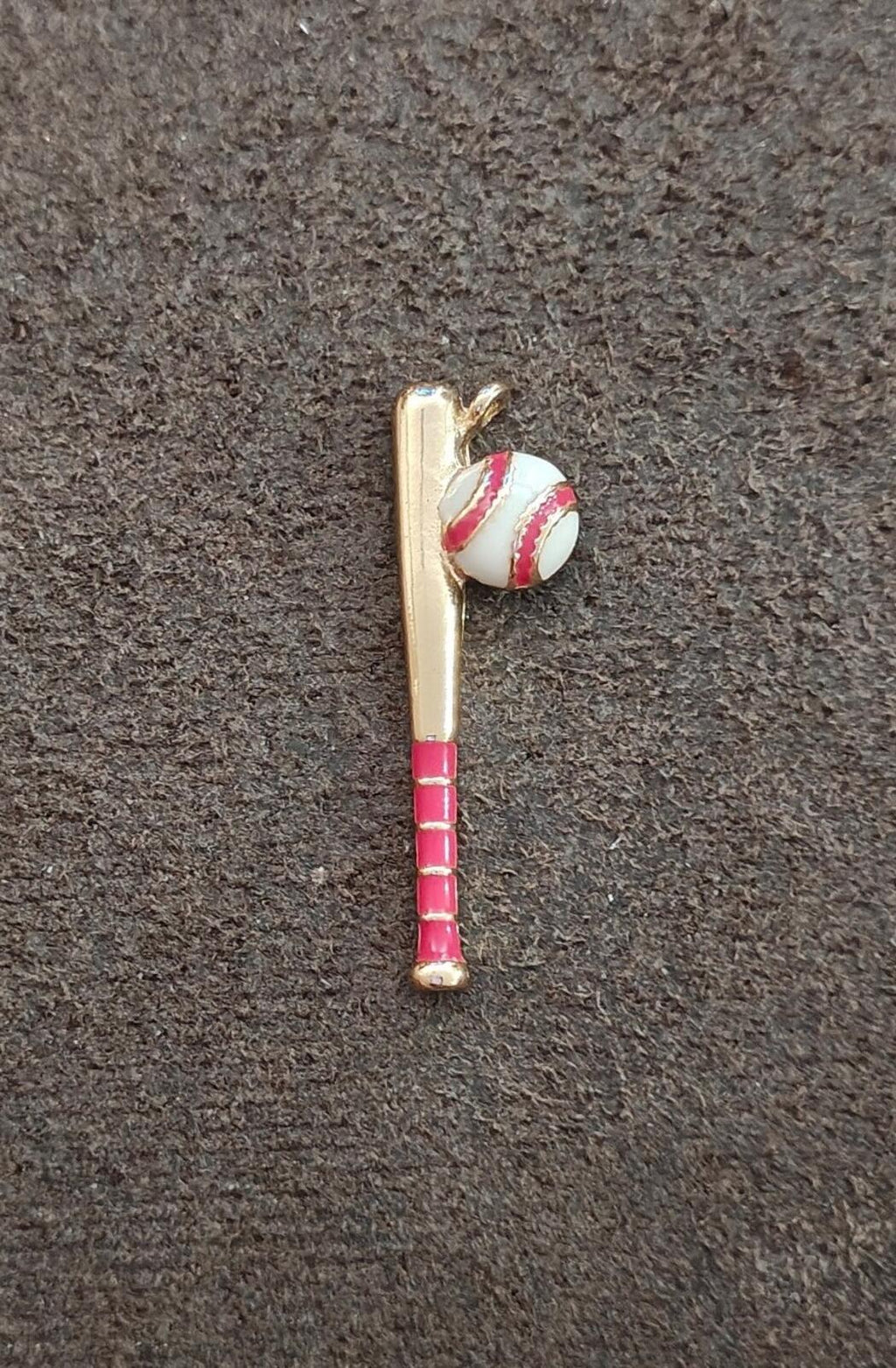Gold-tone baseball bat charm with red enamel grip and red-and-white baseball