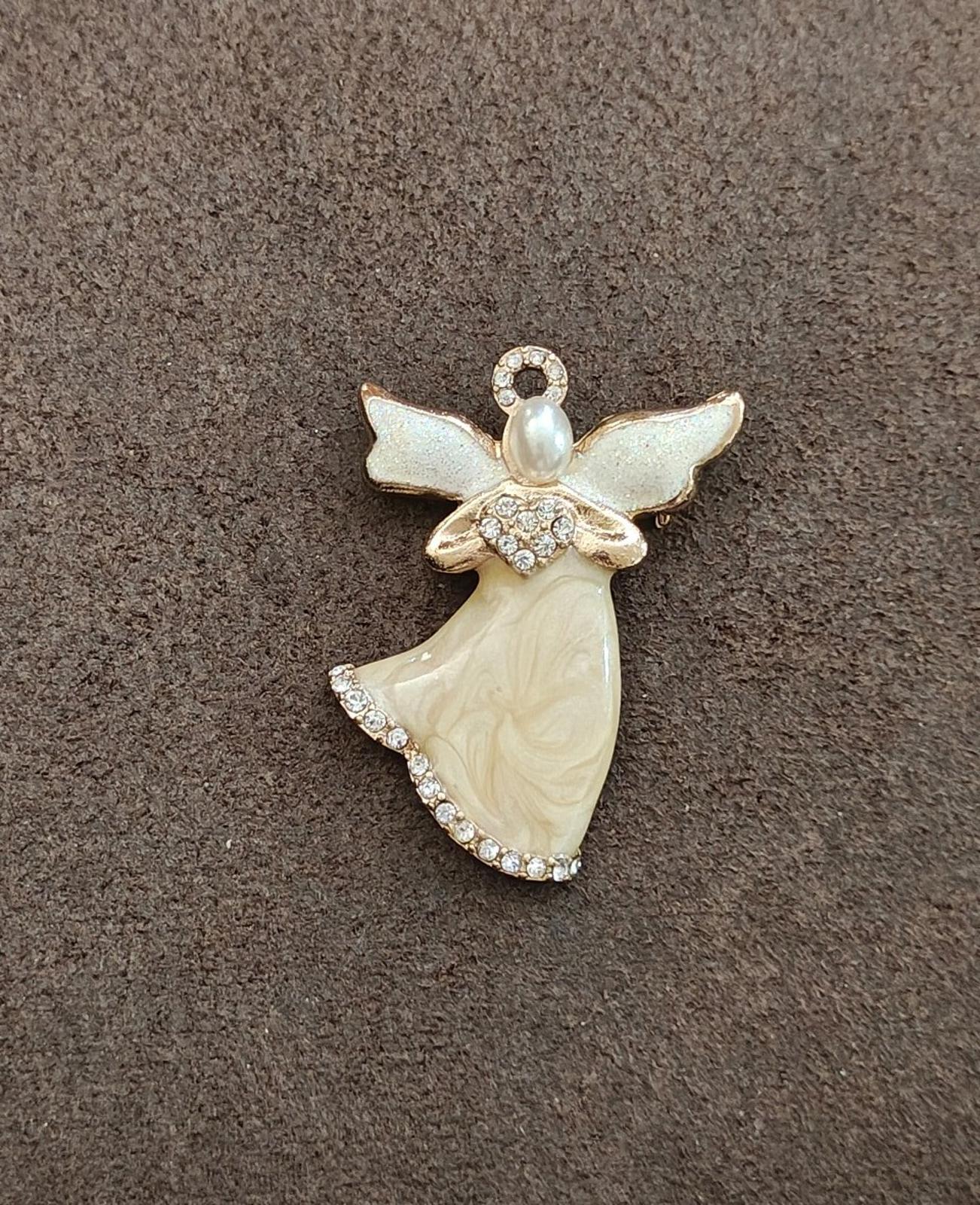 1980s Signed KC (Kenneth Cole) Pearlized Enamel Angel Gold Tone Brooch