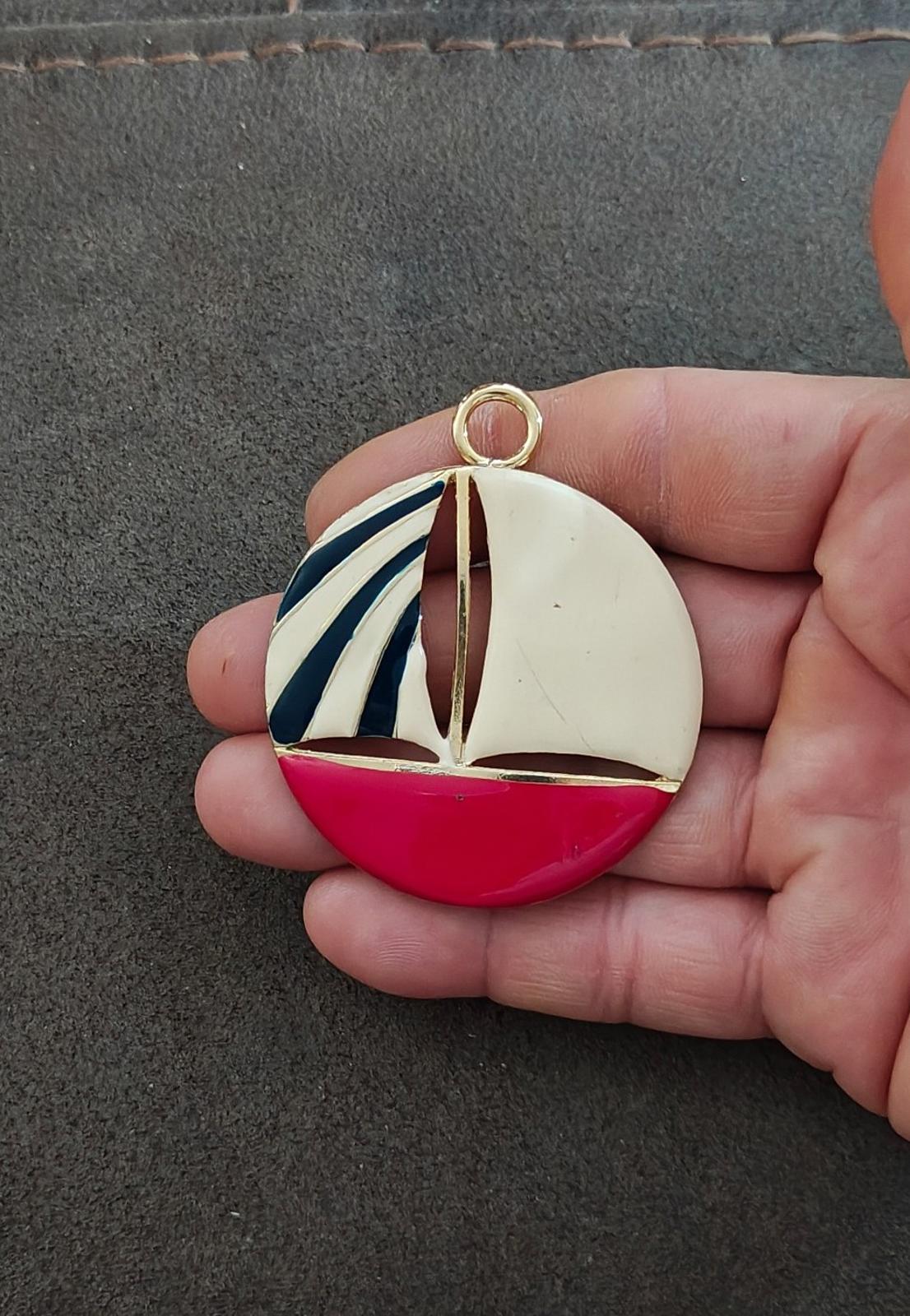 1960's Large Nautical Sailboat Gold Tone Enamel Pendant
