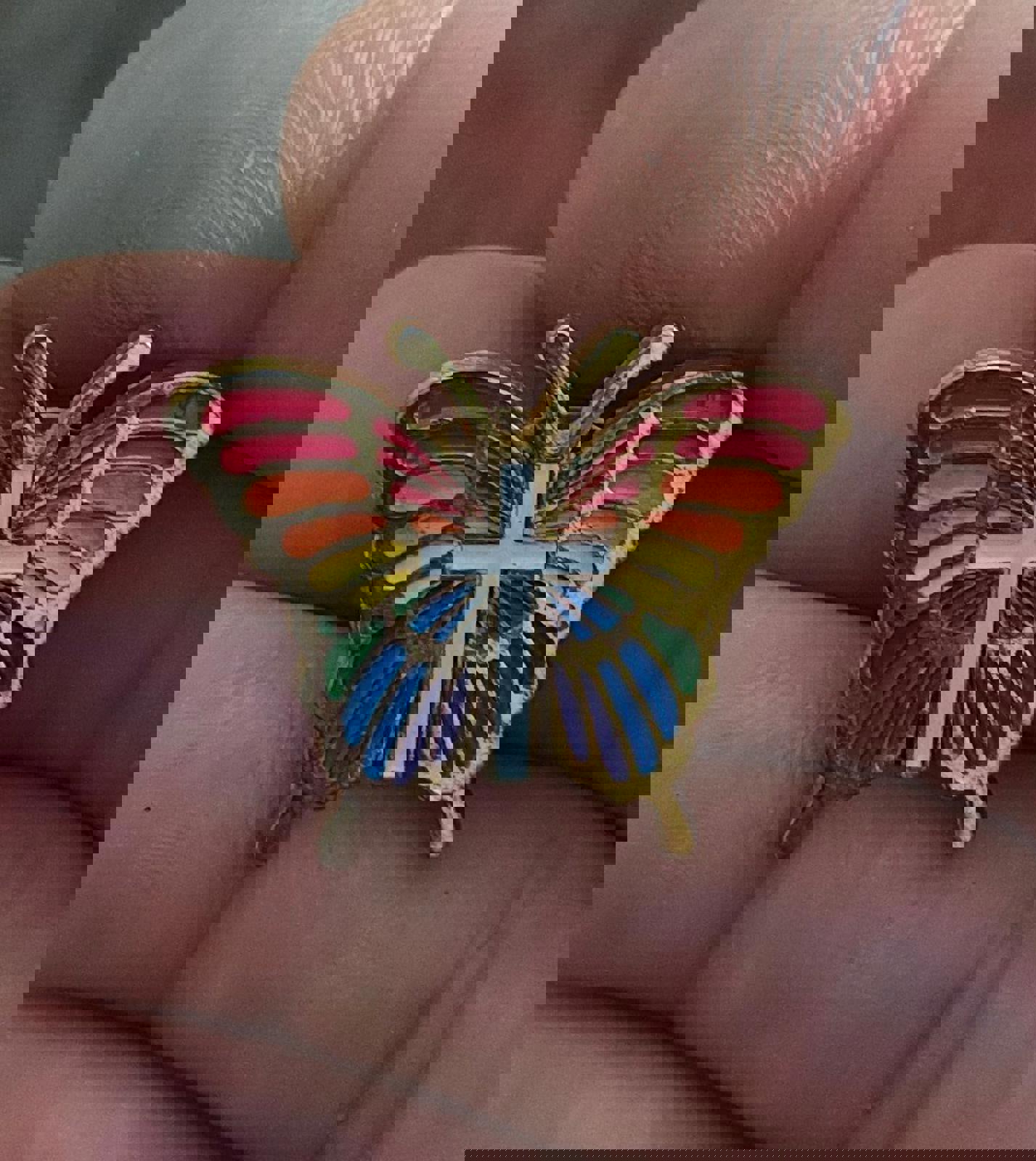 1980's Rainbow Butterfly With White Cross Gold Tone Enamel Pin