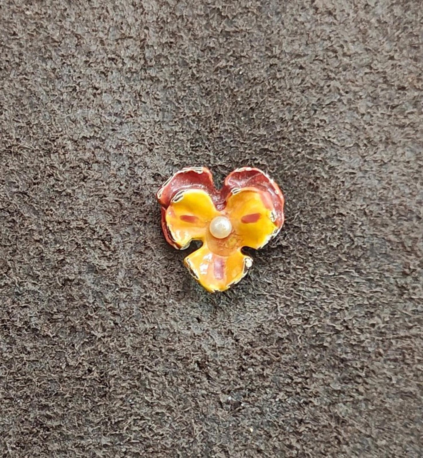 1990s Vintage Orange And Maroon Enamel Small Pansy Brooch With Faux Pearl