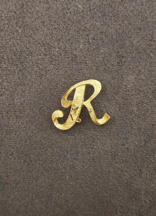 Gold tone letter R monogram brooch pin, raised script style