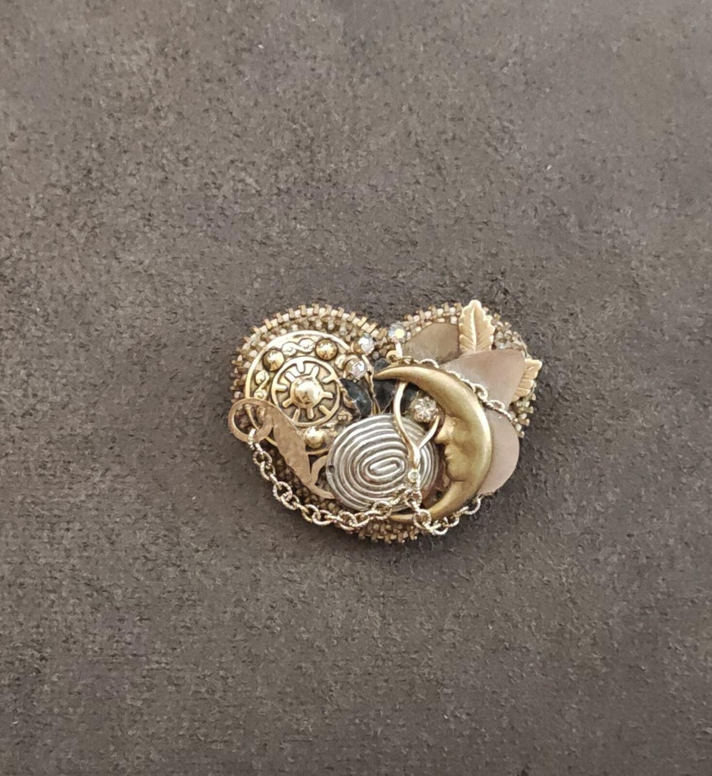 1980s Handmade Collage of Sun Moon Rhinestones Charms Celestial Gold Tone Brooch
