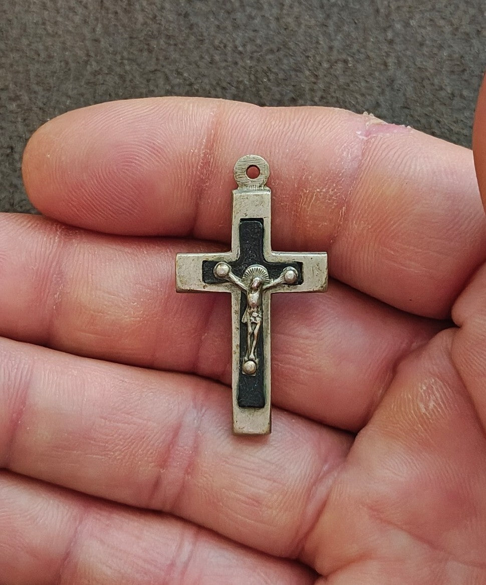 1930s Art Deco French Catholic Pectoral Crucifix With Ebony Wood Inlay Pendant
