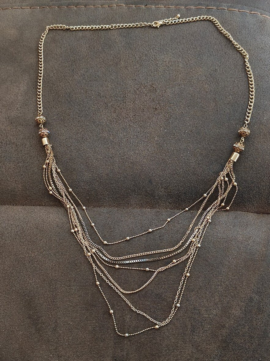Boho Style Gold Tone Layered Multi-Strand Mixed Chains Statement Necklace