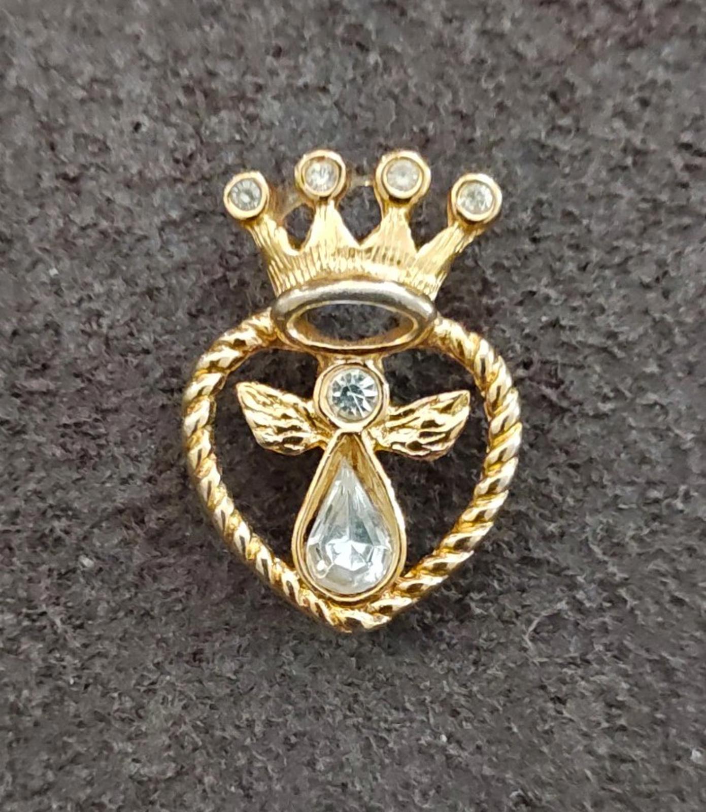 1997 Signed IMO "Angel Heart Crown" Gold Tone With Rhinestones Pin