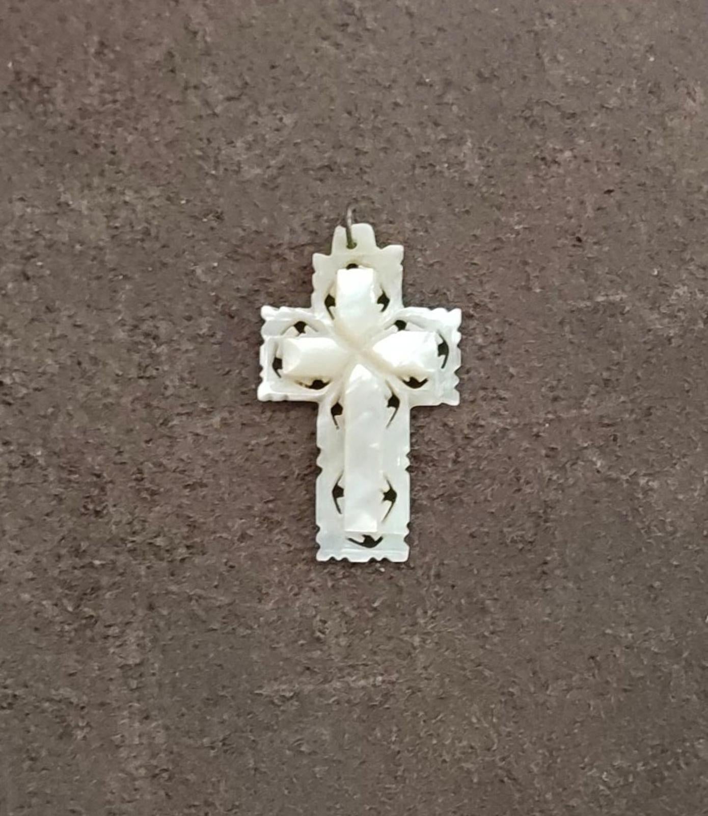 1980s/90s Hand Carved Mother of Pearl Cross Pendant From Bethlehem