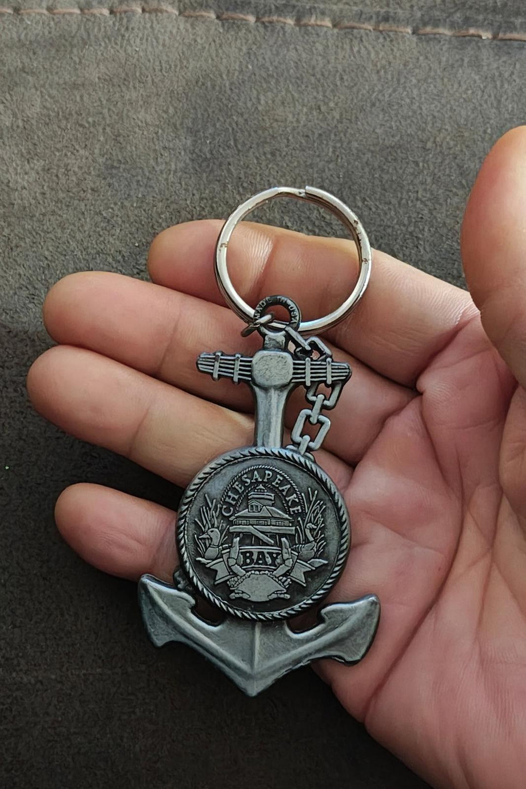 1980's Chesapeake Bay Anchor Shaped Souvenir Pewter Keychain
