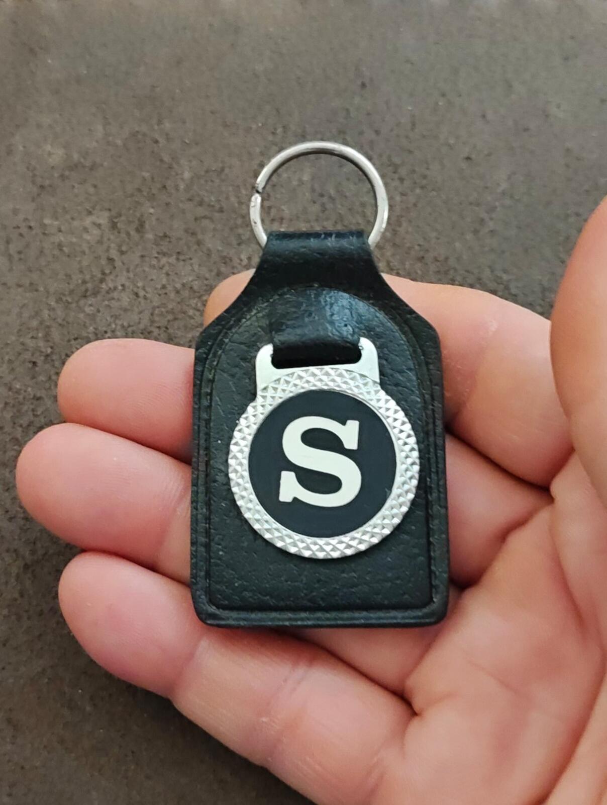 1970s Black Leather Stylized Initial Letter "S" Emblem Keychain/Key Fob