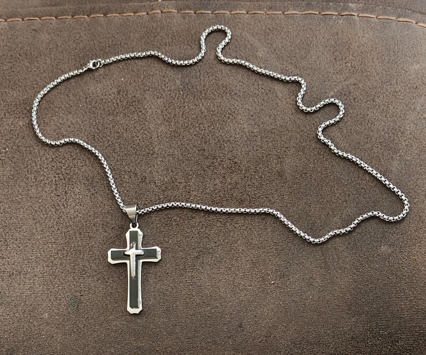 Black and Silver with 26" Silver Tone Chain Cross Pendant Necklace