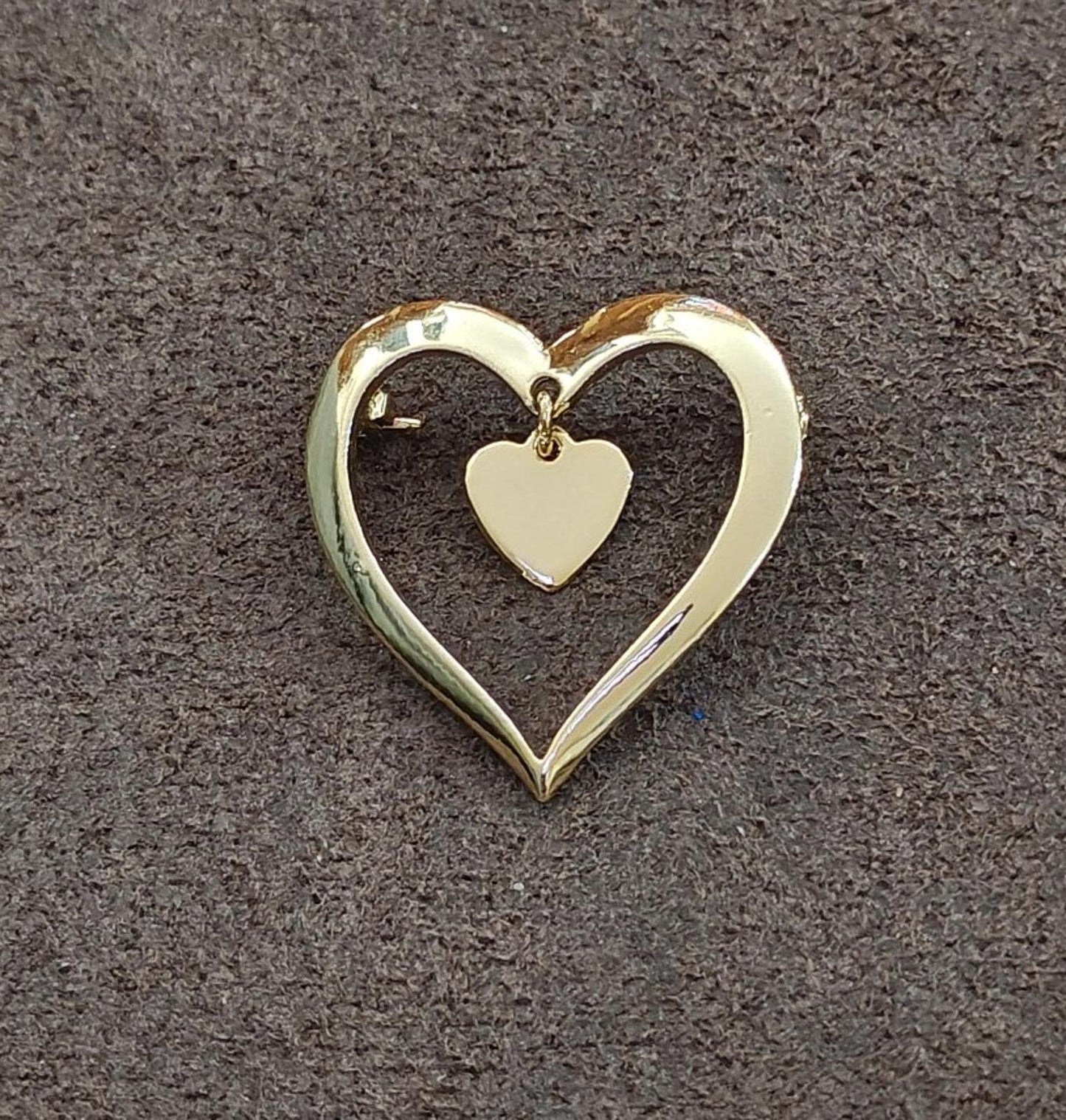 1980s Gold Tone Open Heart With a Smaller Heart Charm Dangle Brooch