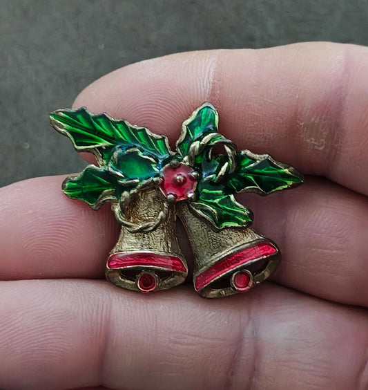 1970s Gold Tone Enamel Christmas Bells Brooch Pin