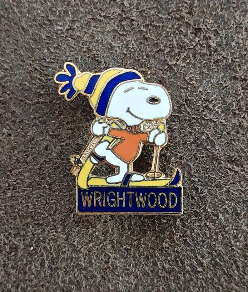 1970s Peanuts Snoopy Skiing Wrightwood  Cloisonné Gold Tone Enamel Pin
