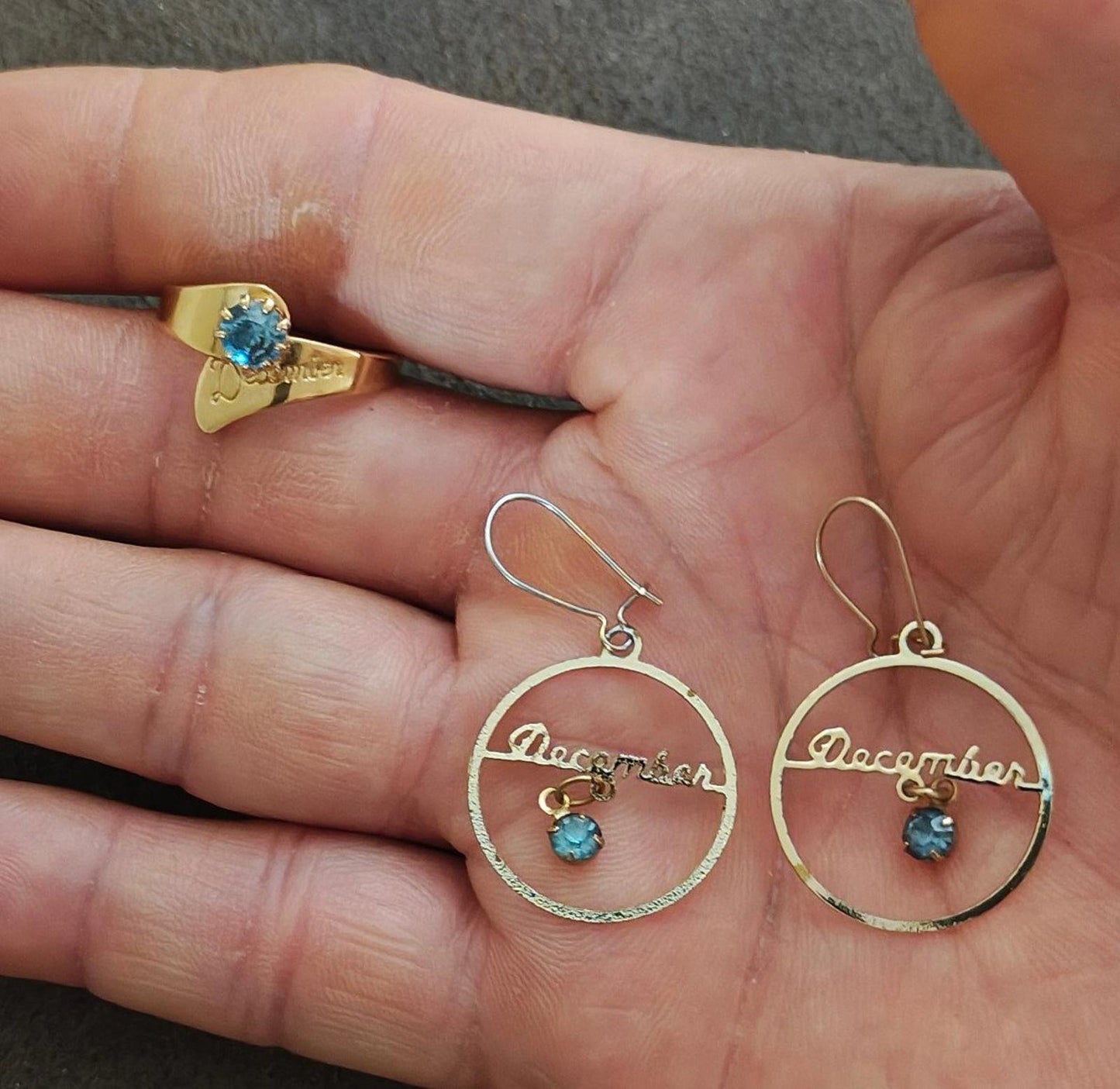 1970's Blue Topaz Stone December Ring & Dangle Earrings Set