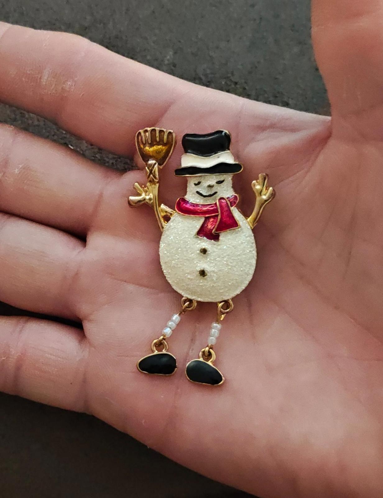 1990s Gold Tone Enamel Snowman Brooch