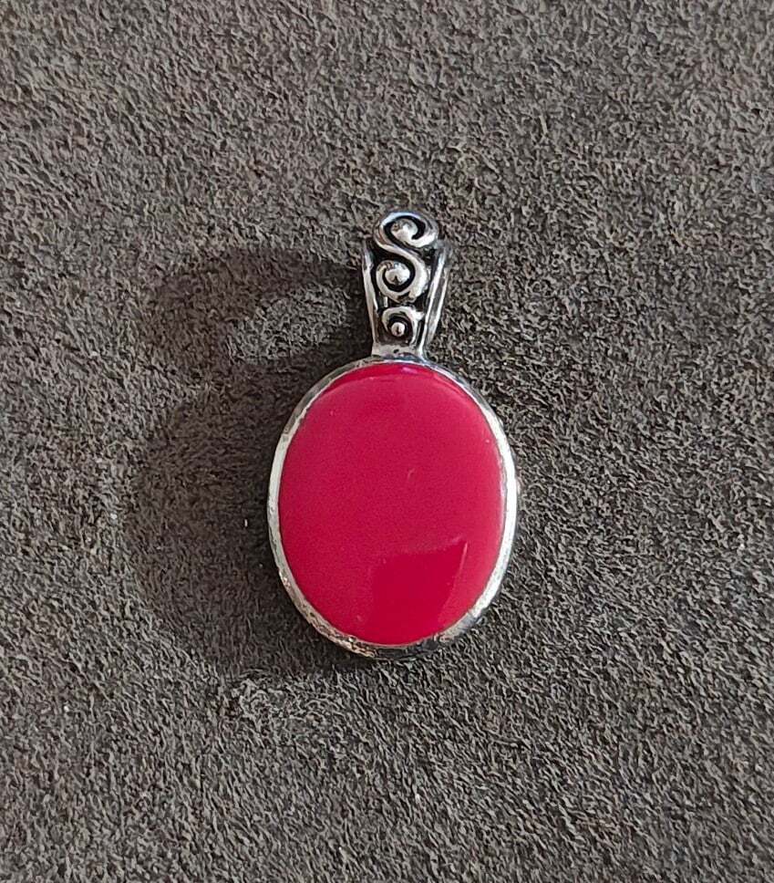 1980s Boho Style Red Stone Silver Tone Pendant.