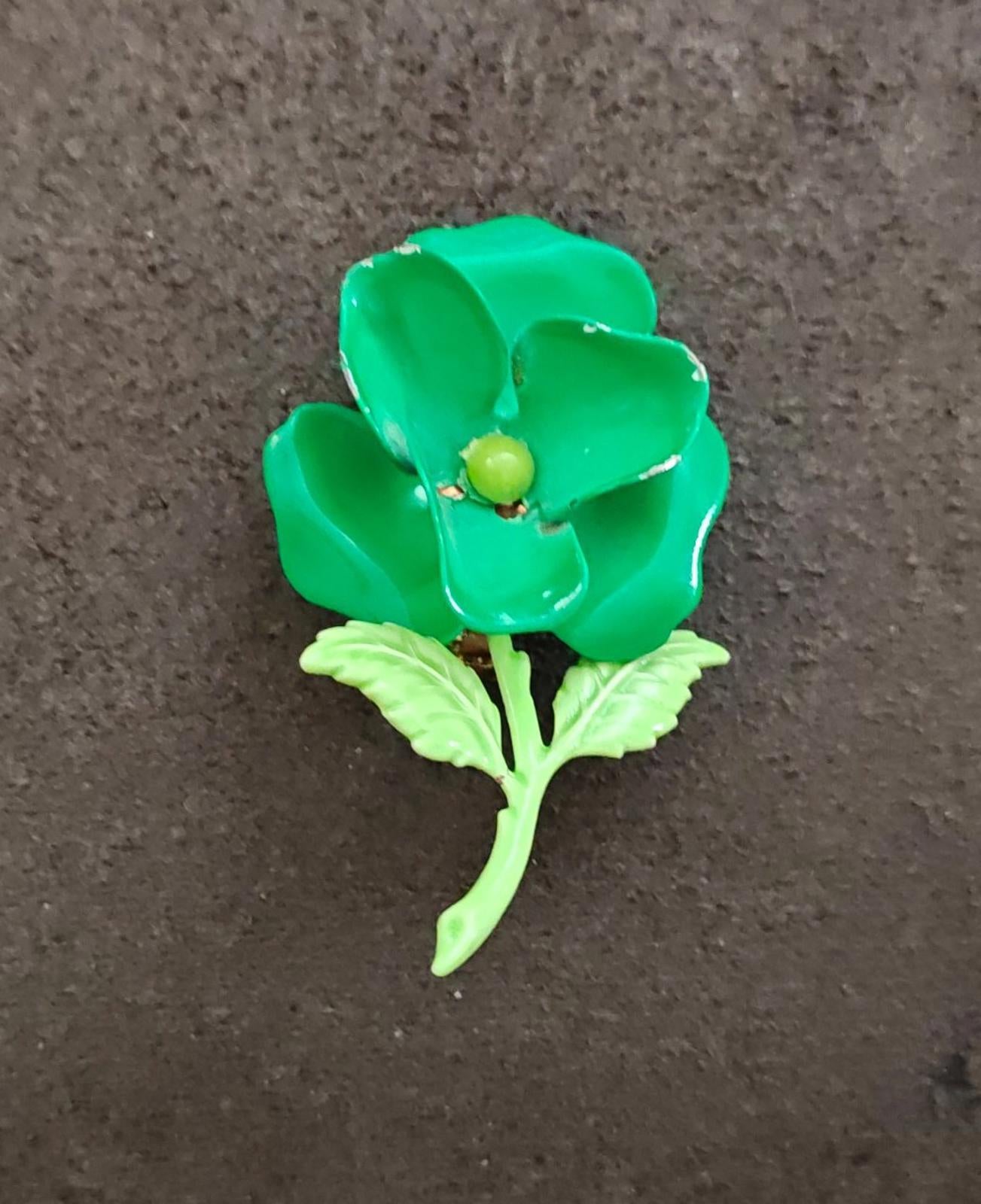 1960s Metal With Green Enamel Flower Statement Brooch Pin