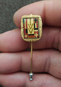 Gold-tone enamel hiking badge pin with multicolor crest and straight stick pin