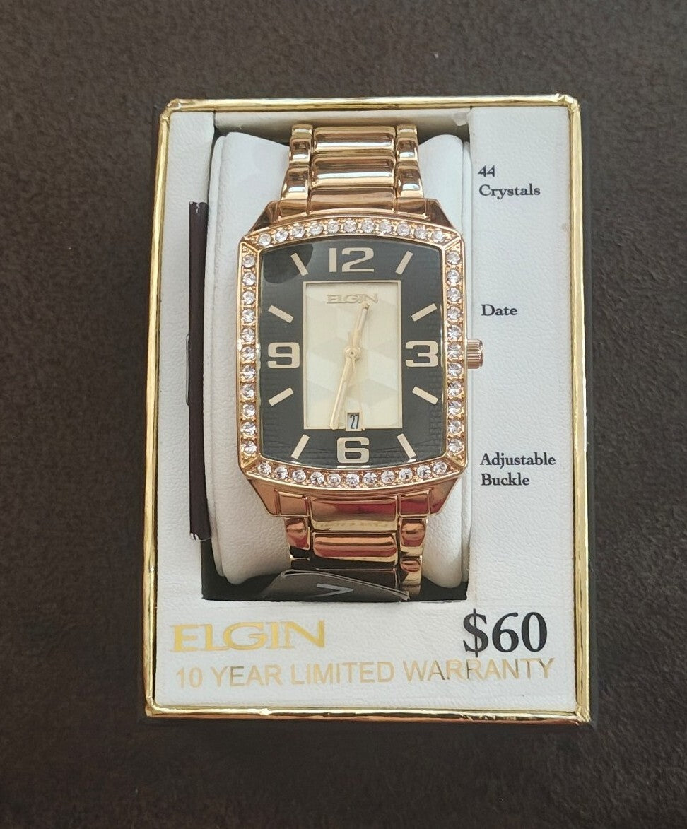 Elgin Men’s Gold-Tone Bracelet Watch with Crystal Bezel (Model FG160062)