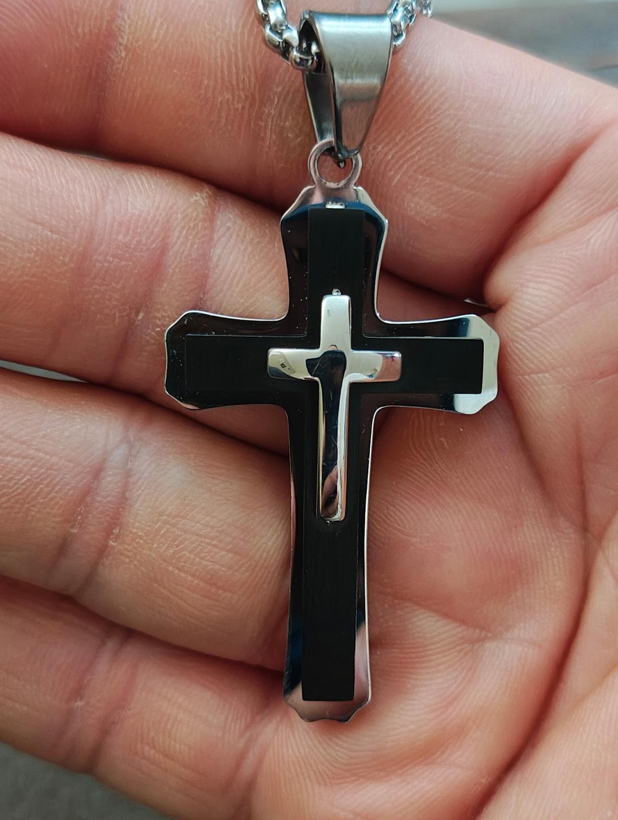 Black and Silver with 26" Silver Tone Chain Cross Pendant Necklace