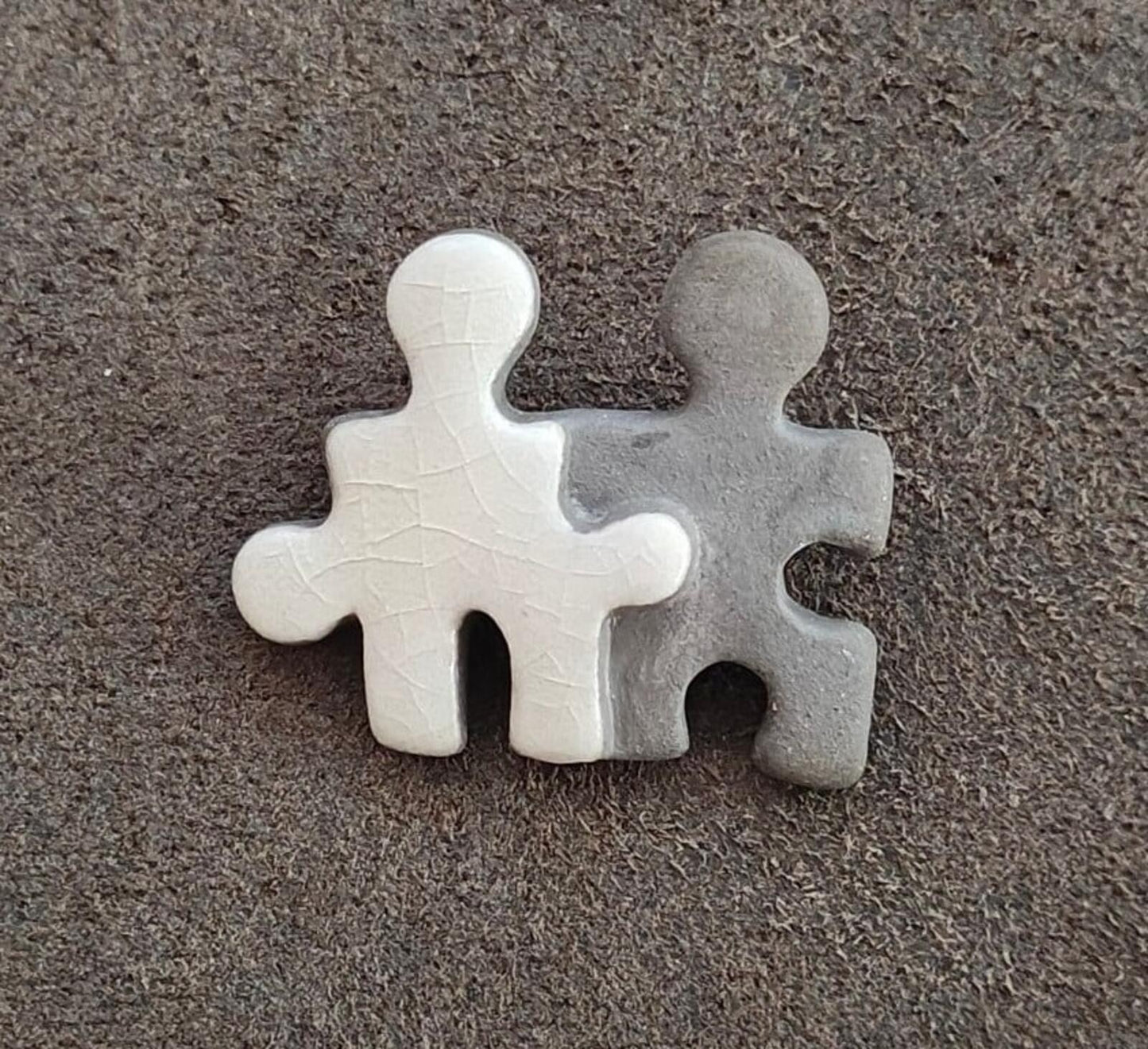 1990s Handcrafted Signed C Welch "Puzzle Buddies" Ceramic & Concrete Brooch