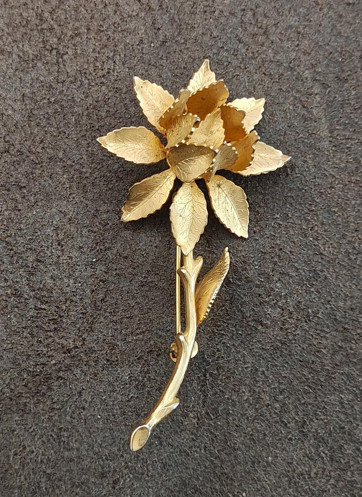 1970s Gold Tone Textured Rose Brooch Pin