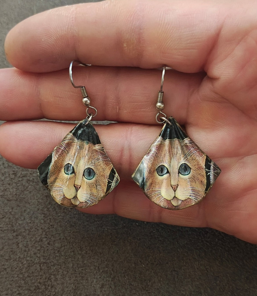 Handmade Cat Face Dangle Earrings Orange Tabby Kitten