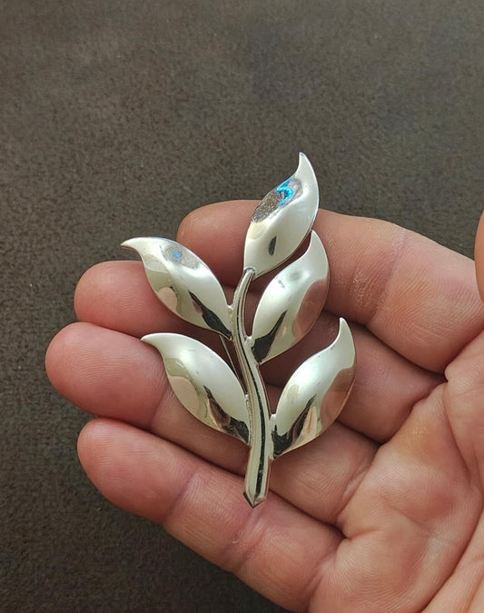 1960s Signed Monet Silver Tone  Modernist Stylized Leaf Brooch