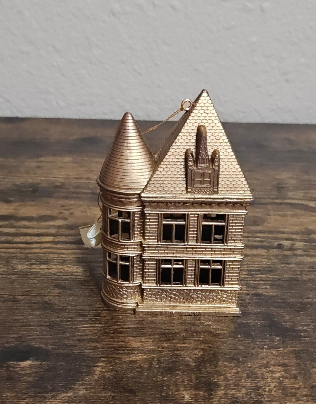 1980s Molded Gold Tone Plastic Victorian Style House Ornament