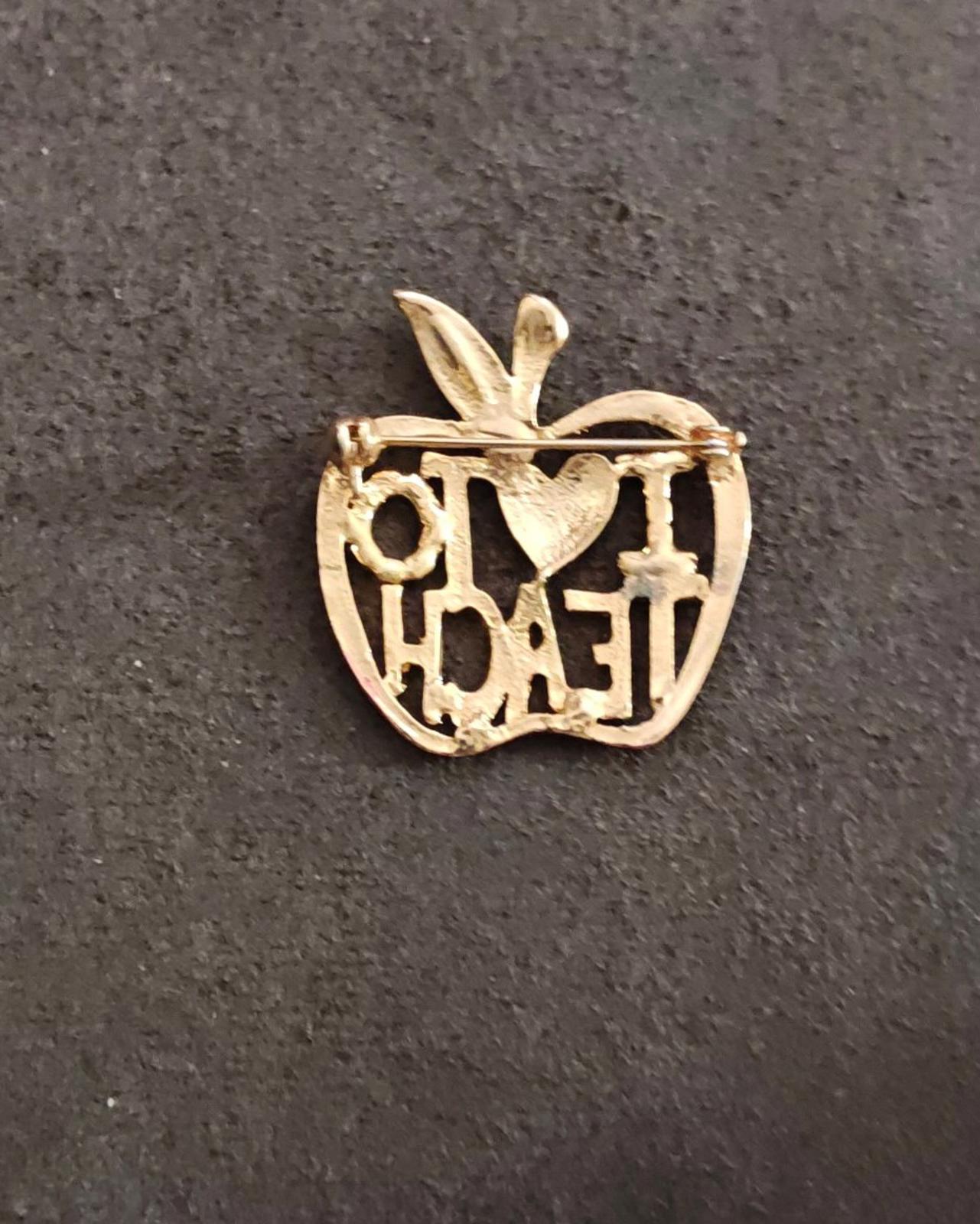 1980s "I Love To Teach" Apple Gold Tone With Rhinestones Enamel Brooch