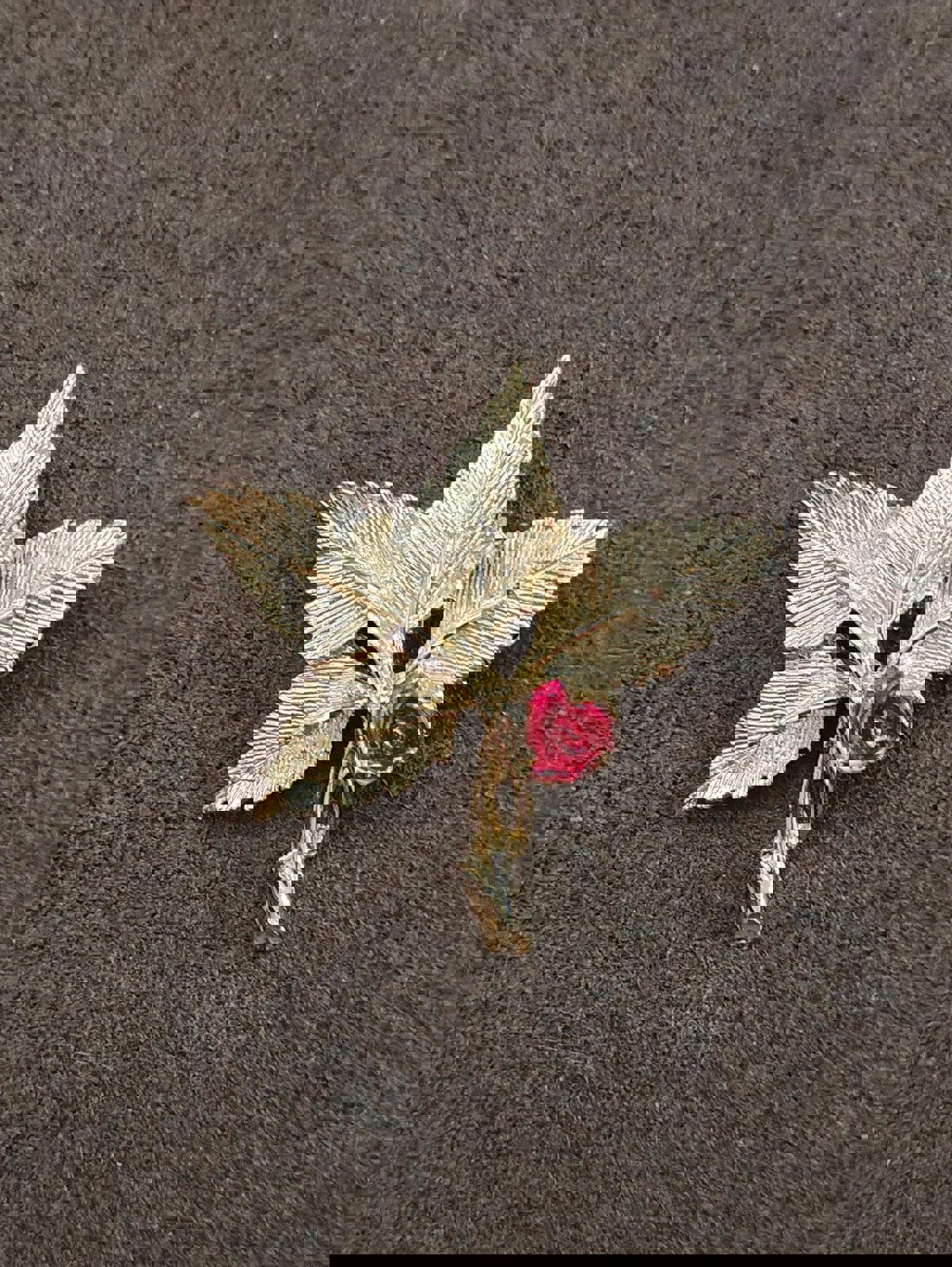 1980's Gold Tone Leaf and Red Rose Virgin Mary On Back Pin Brooch