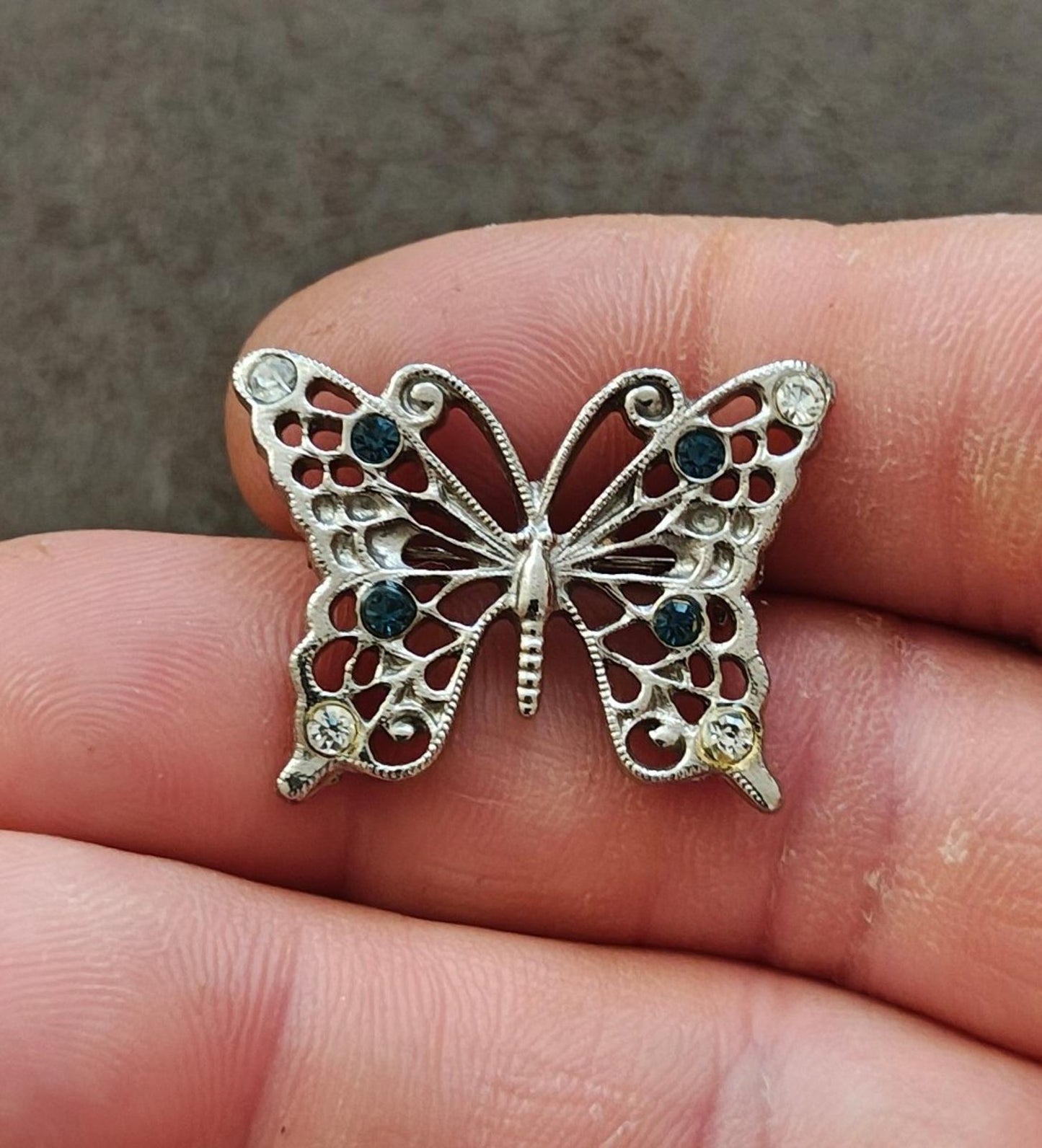 1950s Silver Tone With Clear & Blue Rhinestones Butterfly Brooch