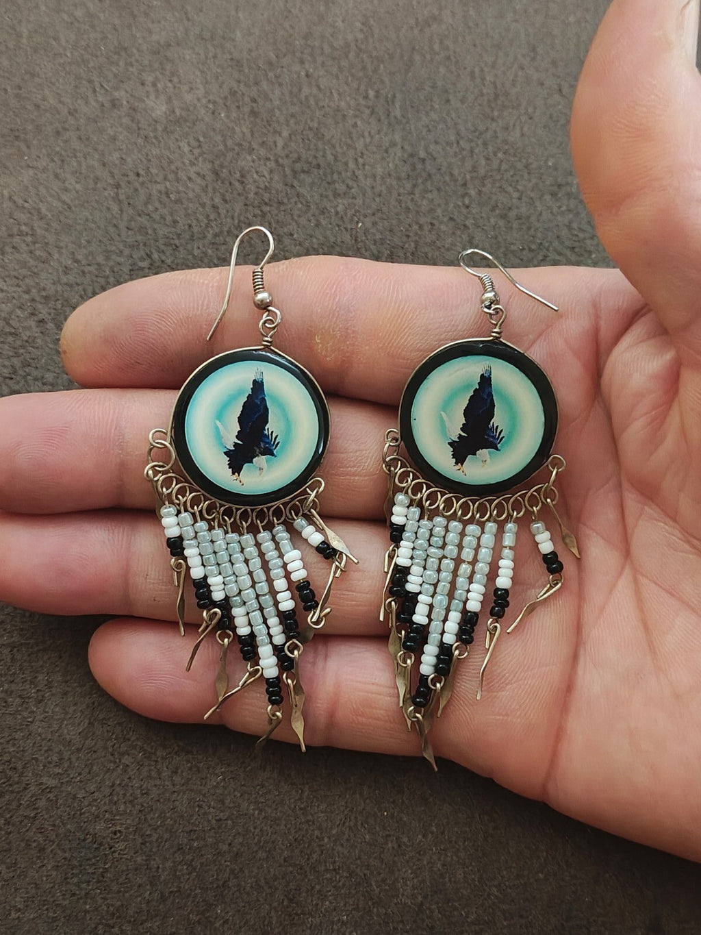 Native American Style Eagle Beaded Fringe Dangle Earrings