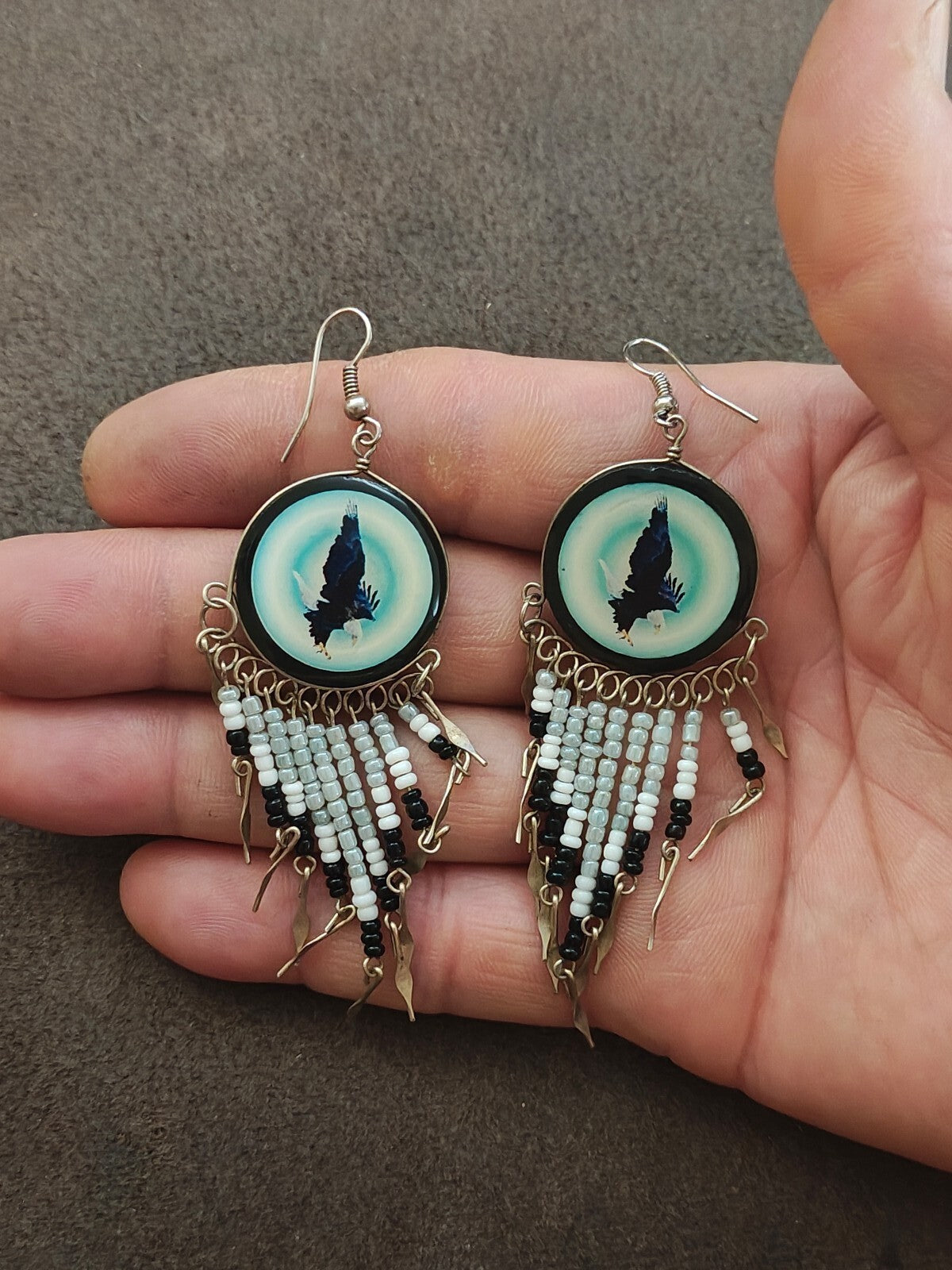 Native American Style Eagle Beaded Fringe Dangle Earrings