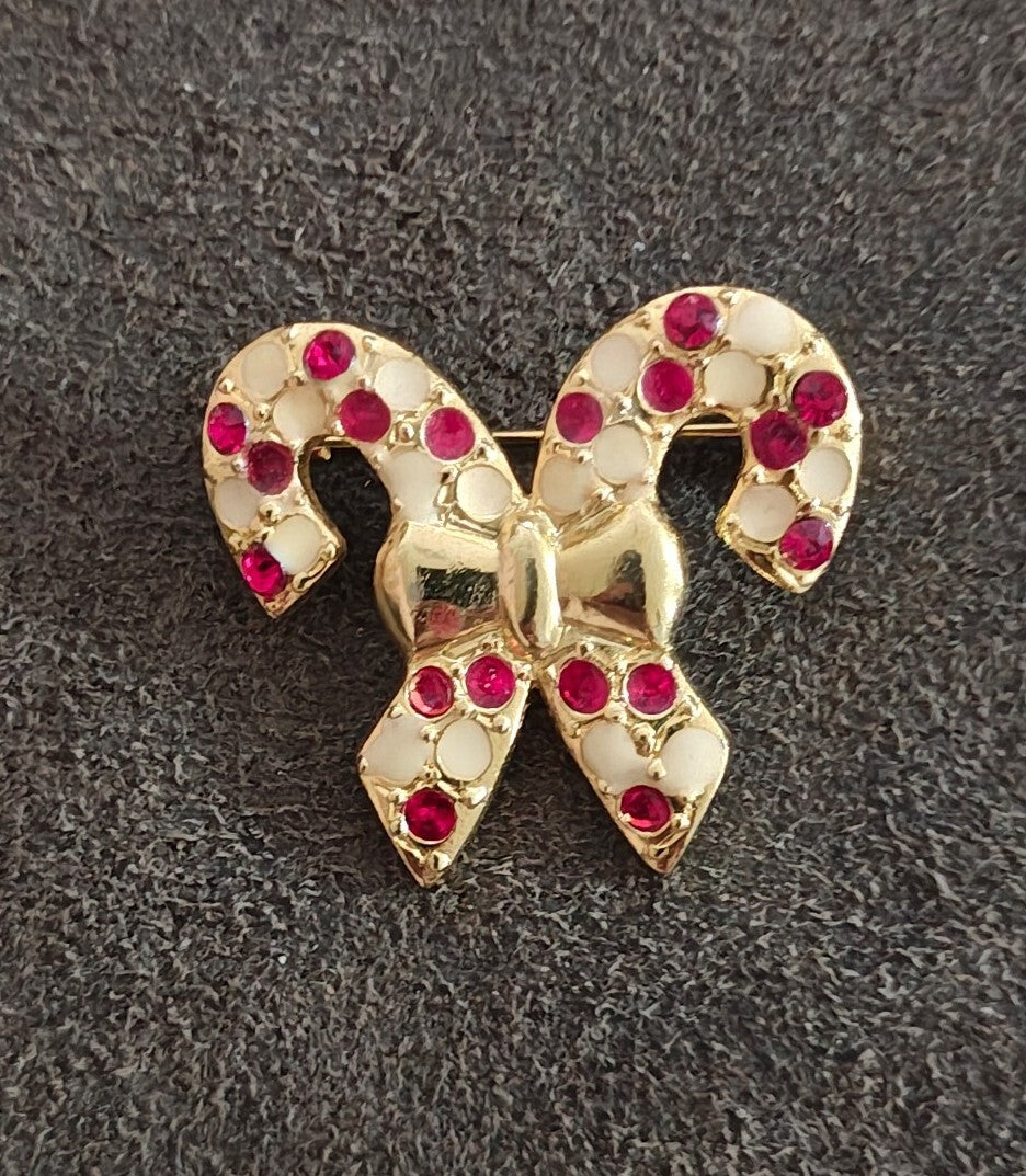 1970s/80s Gold Tone Candy Cane Brooch with Red and White Enamel