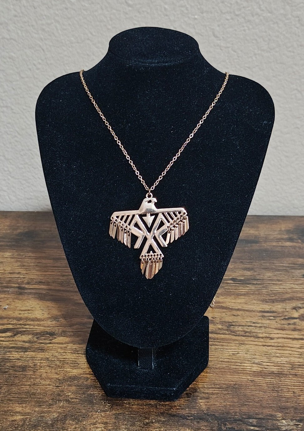 1980s Native American Inspired Geometric Thunderbird Gold Tone Pendant Necklace