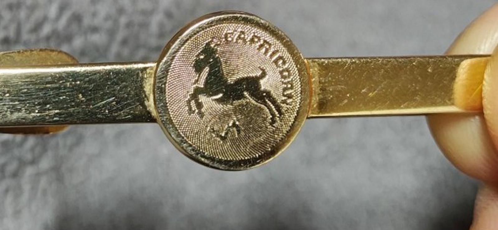 Gold-tone Capricorn tie bar close-up showing round medallion on gold bar