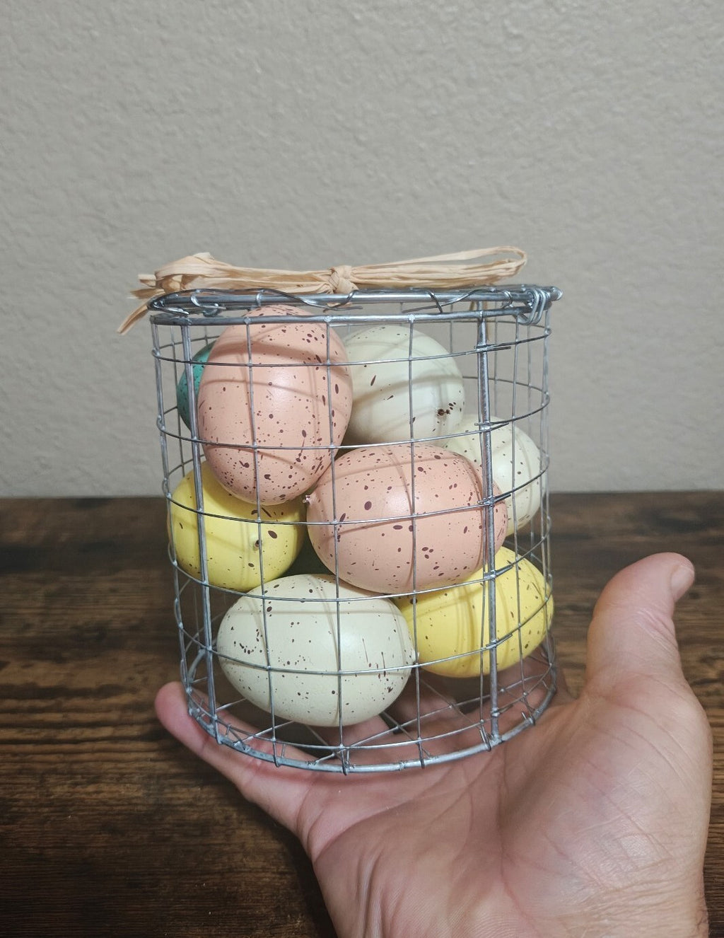 Spring Decorative Easter Eggs In Wire Basket