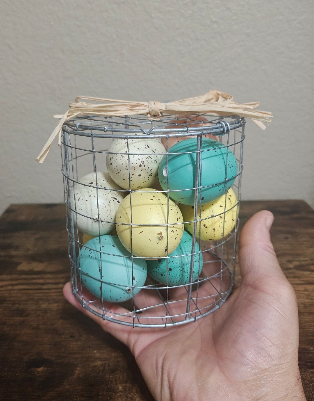 Spring Decorative Easter Eggs In Wire Basket